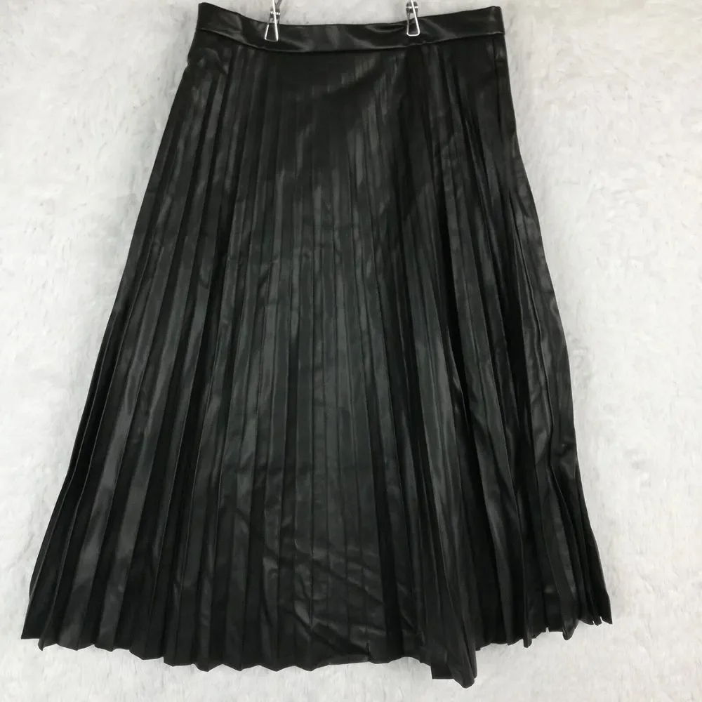Bagatelle Womens Skirt Pleated Faux Vegan Leather Black Midi‎ Side Zip Lined S